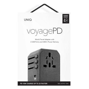 UNIQ Ład. siec. Voyage World Adapter 33W+ 2xUSB + PD 18W + QC 3.0 szary/charcoal grey (LITHOS Collective)