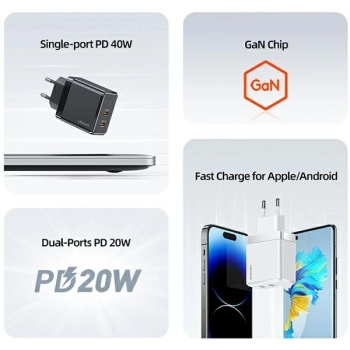 USAMS Ład. siec. 2xUSB-C T54 GaN 40W(only head) PD Fast Charging biały/white CC172TC02 (US-CC172)