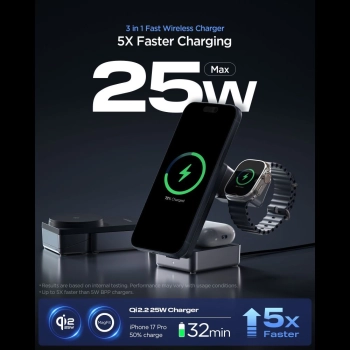 SPIGEN EF323MQ ESSENTIAL 3IN1 MAGNETIC MAGSAFE WIRELESS CHARGER 25W QI2.2 BLACK