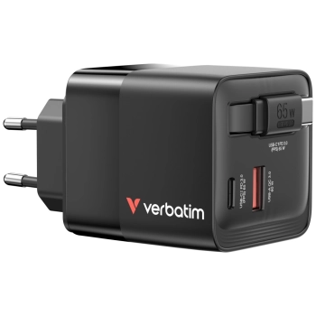 Verbatim Ładowarka sieciowa GaN 65W      2xUSB-C/USB-A + Adapter EU/UK/US czarny/black 32217