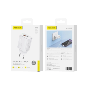 FONENG ładowarka sieciowa EU66 PD 20W 1xUSB-C + 1xUSB QC3.0 Biały