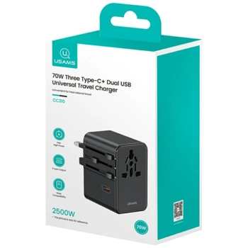 Ładowarka sieciowa USAMS Travel Adapter  CC310 3xUSB-C 70W 4w1 US/AU/EU/UK czarny