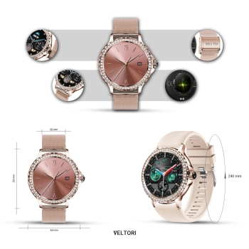 Smartwatch Damski VELTORI VT320-1 Złota Bransoleta + Różowy Pasek Silikonowy