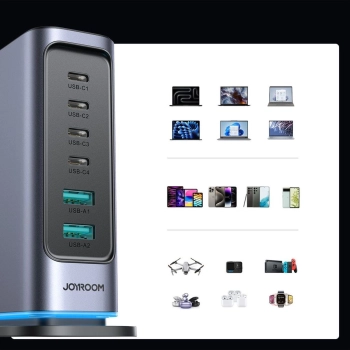 Ładowarka Joyroom JR-TCM02 GaN 65W stacja ładująca 4xUSB-C 2xUSB-A wtyczka UK - szara