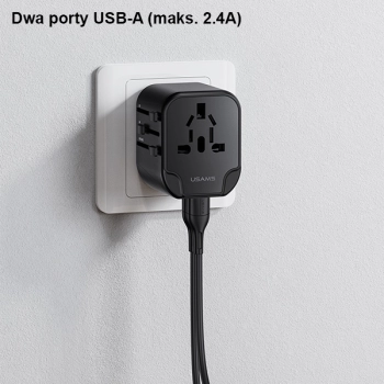 USAMS Adapter siec. 2xUSB T55 12W4w1 US/AU/EU/UK czarny/black CC173TC01 (US-CC173) Univesal Travel Charger