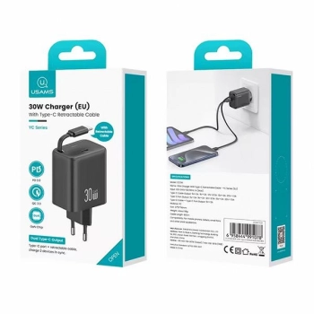 USAMS Ład. siec. 1xUSB-C ze zwijanymkablem USB-C Retractable PD+QC 30W Gan Fast Charging czarny/black YC Series CC241TC01 (US-CC241)