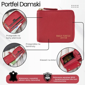 Portfel damski skórzany mały czerwony w orientacji poziomej z RFID Paolo Peruzzi KV-04-RD