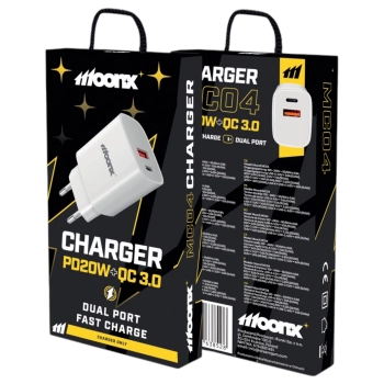 MOONX ładowarka sieciowa MC04 PD 20W 1xUSB-C + 1xUSB QC3.0 Biały