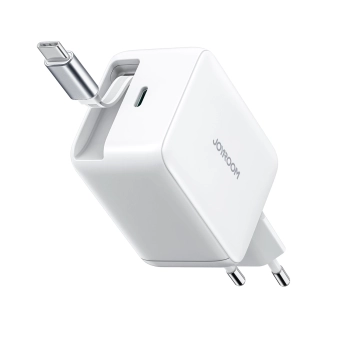 Ładowarka sieciowa Joyroom JR-TCL06 67W GaN z wbudowanym zwijanym kablem USB-C - biała