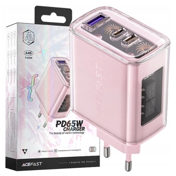 Acefast ładowarka GaN 65W 3 porty (1xUSB, 2xUSB C) różowa (A45)