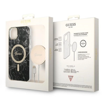 Zestaw Guess GUBPP14SHMEACSK Case+ Charger iPhone 14 / 15 / 13 6,1 czarny/black hard case Marble MagSafe