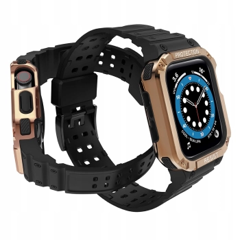 Protect Strap Band opaska z etui do Apple Watch 7 / 6 / 5 / 4 / 3 / 2 / SE (45 / 44 / 42mm) obudowa pancerny pokrowiec na zegarek czarny / różowe złot