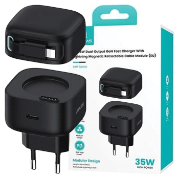 USAMS Ład. siec. 1xUSB-C ze zwijanymkablem Lighning Retractable PD+QC 35W Gan Fast Charging czarny/black XMF Series CC209TC01 (US-CC209)