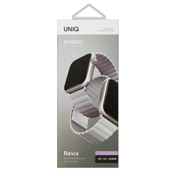 UNIQ pasek Revix Apple Watch Series1/2/3/4/5/6/7/8/9/SE/SE2/Ultra/Ultra 2 42/44/45/49mm. Reversible Magnetic lilak-biały/lilac-white