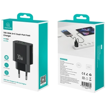 Ładowarka sieciowa USAMS CC316 T65 30W   1xUSB-C 1xUSB-A Fast Charging czarny