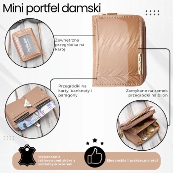 Portfel damski skórzany mini beżowy skóra naturalna lakierowana SP-18-RZBG