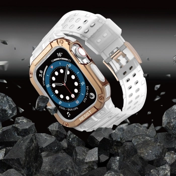Protect Strap Band opaska z etui do Apple Watch 7 / 6 / 5 / 4 / 3 / 2 / SE (45 / 44 / 42mm) obudowa pancerny pokrowiec na zegarek przezroczysty / różo