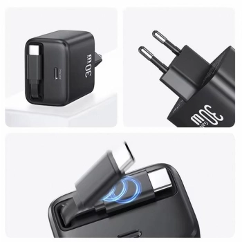 USAMS Ład. siec. 1xUSB-C ze zwijanymkablem USB-C Retractable PD+QC 30W Gan Fast Charging czarny/black YC Series CC241TC01 (US-CC241)