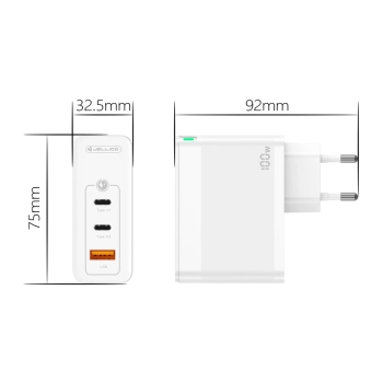 JELLICO ładowarka sieciowa C118 GaN PD 100W 2xUSB-C + 1xUSB QC3.0 + kabel USB-C - Lightning Biały