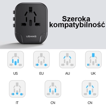 USAMS Adapter siec. 2xUSB T55 12W4w1 US/AU/EU/UK czarny/black CC173TC01 (US-CC173) Univesal Travel Charger