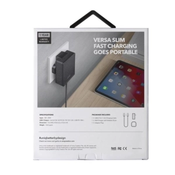 UNIQ Ład. siec. Versa Slim  USB-C PD 18W+ kabel USB-C na USB-C czarny/charcoal black (LITHOS Collective)