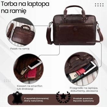 Torba męska na ramię do ręki skórzana na laptopa dokumenty A4 brązowa pojemna Paolo Peruzzi SL-08-BR