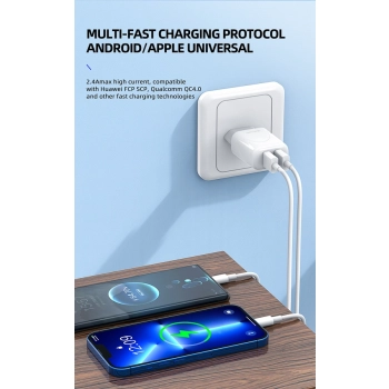JELLICO ładowarka sieciowa EU02 2.4A 12W 2xUSB + kabel USB-C Biały