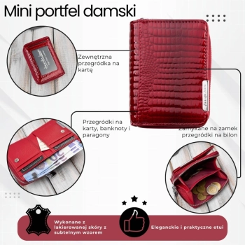 Portfel damski skórzany mini lakierowany czerwony ze wzorem