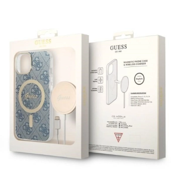 Zestaw Guess GUBPP14MH4EACSB Case+ Charger iPhone 14 Plus / 15 Plus 6.7 niebieski/blue hard case 4G Print MagSafe