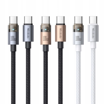 MCDODO KABEL USB-C SZYBKIE ŁADOWANIE USB TYP C 5A 100W 1M LED BIAŁY