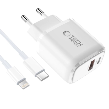TECH-PROTECT NCA45W-GAN 2-PORT NETWORK CHARGER PD 45W / QC3.0 + LIGHTNING CABLE WHITE