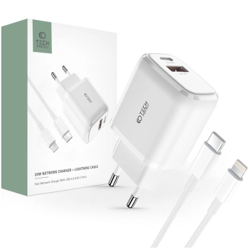 TECH-PROTECT C20W 2-PORT NETWORK CHARGER PD20W/QC3.0 + LIGHTNING CABLE WHITE