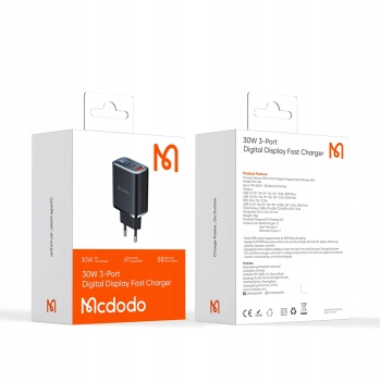 MCDODO SZYBKA ŁADOWARKA SIECIOWA DO IPHONE 2XUSB-C 1XUSB PD 30W MIERNIK LED