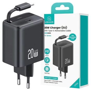 USAMS Ład. siec. 1xUSB-C ze zwijanymkablem USB-C Retractable PD+QC 20W Gan Fast Charging czarny/black YC Series CC233TC01 (US-CC233)