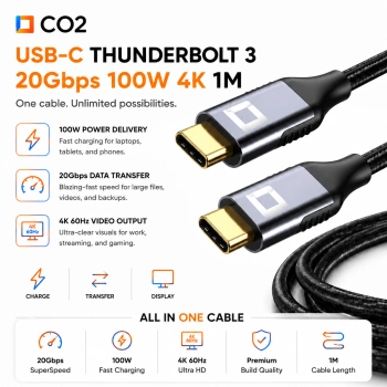 CO2 KABEL USB-C SZYBKIE ŁADOWANIE THUNDERBOLT 3 20GBPS 100W USB TYP C 4K 1M