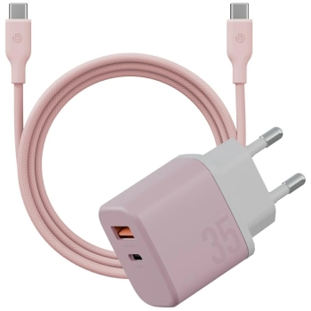 Ładowarka sieciowa Bazic GoPort Velox    Kit USB-C/USB-A GaN 35W z kablem różowy