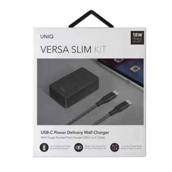 UNIQ Ład. siec. Versa Slim  USB-C PD 18W+ kabel USB-C na USB-C czarny/charcoal black (LITHOS Collective)