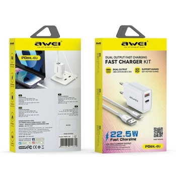 AWEI ład. siec. PD81L-EU 22.5W + kabelUSB + Lightning biała/white GaN