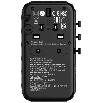 Verbatim Adapter podróżny EU/UK/US GaNUSB-A/3xUSB-C PD 140W UTA-10 czarny/black 32125