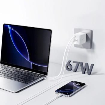 Ładowarka sieciowa Joyroom JR-TCL06 67W GaN z wbudowanym zwijanym kablem USB-C - biała