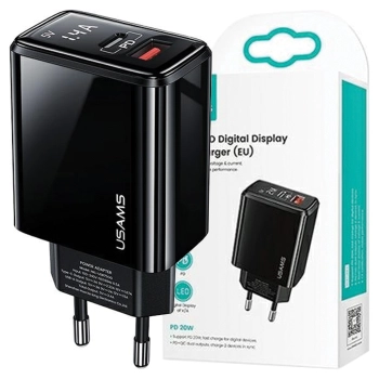USAMS Ład. siec. 1xUSB-C+1xUSB T40 20WLED (only head) PD3.0 +QC3.0 Fast Charging czarny/black CC133TC01 (US-CC133)