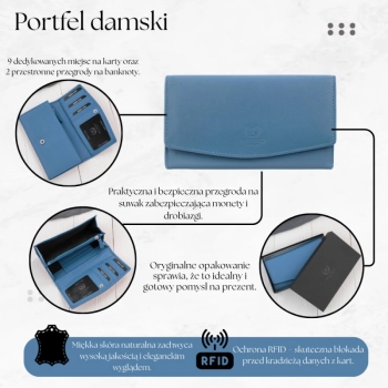 Portfel damski skórzany z RFID niebieski na prezent Paolo Peruzzi SL-11-CB