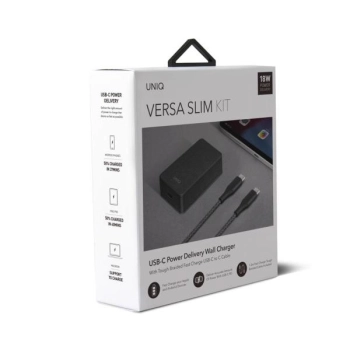 UNIQ Ład. siec. Versa Slim  USB-C PD 18W+ kabel USB-C na USB-C czarny/charcoal black (LITHOS Collective)