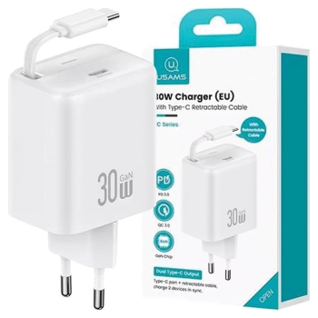 USAMS Ład. siec. 1xUSB-C ze zwijanymkablem USB-C Retractable PD+QC 30W Gan Fast Charging biały/white YC Series CC241TC02 (US-CC241)